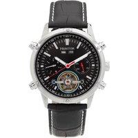 Wilhelm Semi-Skeleton Leather-Band Watch w/Day/Date - Black