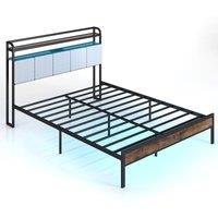 Gymax King Bed Frame With LED Light & Charging Station Upholstered Platform Bed in Black