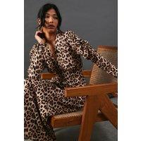 Warehouse Women's Leopard Viscose V Neck Long Puff Sleeve Midi Dress in Animal | Size: 8