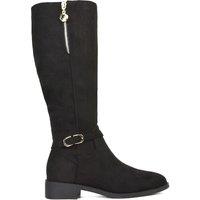 XY London Women's 'Georgina' Knee High Boots Low Heel Zip Up Calf Riding Biker With Ankle Strap in Jet Black | Size: 3