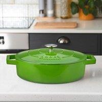 Cooks Professional Cast Iron Casserole Dish 28cm Oven Proof Enamelled Pan with Lid in Green
