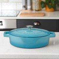 Cooks Professional Cast Iron Casserole Dish 28cm Oven Proof Enamelled Pan with Lid in Blue