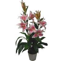 Leaf Artificial Lily Plant Stargazer Style 90cm Pink White Pot in Dark Pink