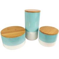 Leaf Set of Three Canisters Aqua Green Ceramic Storage Jars with Lids in White