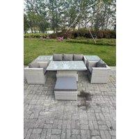 Fimous Rattan Garden Funiture Set Adjustable Rising Lifting Table Sofa Dining Set 2 Arm Chair in Light Grey