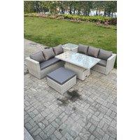 Fimous Rattan Garden Funiture Set Adjustable Rising Lifting Table Sofa Dining Set Tea Table Footstool in Light Grey