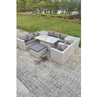 Fimous Rattan Garden Funiture Set Height Adjustable Rising Lifting Table Sofa Dining Set Lounge Chair in Light Grey