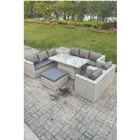 Fimous Rattan Garden Funiture Set Adjustable Rising Lifting Table Sofa Dining Set Lounge Chair Footstool in Light Grey