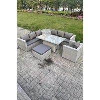Fimous Rattan Garden Funiture Set Adjustable Rising Lifting Table Sofa Dining Set Side Coffee Tea Table in Light Grey
