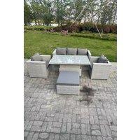 Fimous Rattan Garden Funiture Set Adjustable Rising Lifting Table Sofa Dining Set With 2 Arm Chair in Light Grey
