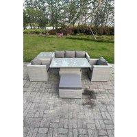 Fimous Rattan Garden Funiture Adjustable Rising Lifting Table Sofa Dining Set 2 Arm Chair Big Footstool in Light Grey