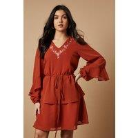 Oasis Women's Embroidered Ruffle Tier Mini Dress in Rust | Size: 14