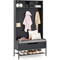 Gymax 4-in-1 Coat Rack 170cm Tall Hall Tree Entryway Bench With Seat Cushion in Black
