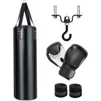 Gymax Hanging Punch Bag Set 4-In-1 Kick Boxing Bag With Ceiling Hook & Gloves in Black