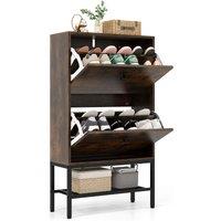 Gymax Shoe Cabinet Freestanding Shoe Organizer 2 Flip Drawers & Metal Shelf in Brown