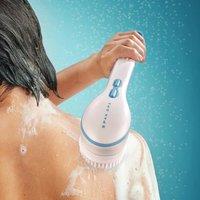 mysmartbuy Battery Operated Body Brush for Shower with 4 Attachments - Long Handled Scrubber with Pumice Stone, Exfoliator & Cleansing Heads in White