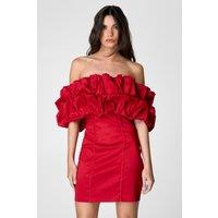 Taffeta Ruched Bardot Mini Dress