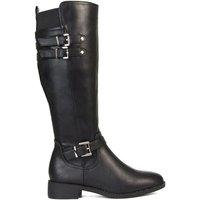XY London Women's 'Amy' Knee High Elasticated Flat Biker Calf Boots with Buckles in Black | Size: 3
