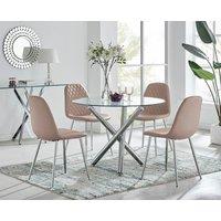 FurnitureboxUK Selina Round Glass Chrome Leg Dining Table & Corona Silver Leg Chairs in Beige | Size: 2 Person
