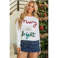 White Tinsel Merry and Bright Graphic Christmas Sweater