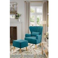 Blue Brushed Fabric Stripe Curved Backrest Armchair with Footstool & Cushion