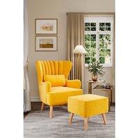 Yellow Brushed Fabric Stripe Curved Backrest Armchair with Footstool & Cushion