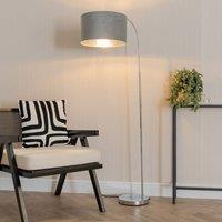 ValueLights Curva Chrome Arched Floor Lamp with Grey Velvet & Chrome Inner Lamp Shade