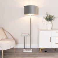 ValueLights Tavel Chrome Floor Lamp with Table & Grey Velvet & Chrome Lamp Shade & Bulb