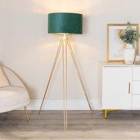 ValueLights Aero Hairpin Gold Tripod Floor Lamp with Velvet & Gold Drum Lamp Shade & Bulb in Bottle Green