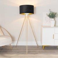 ValueLights Aero Hairpin Gold Tripod Floor Lamp with Velvet & Gold Drum Lamp Shade & Bulb in Black