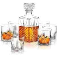Bormioli Rocco 1 Litre Cut Glass Square Whisky Decanter & 6 Glasses 285ml in Clear