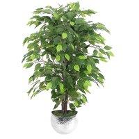 Leaf 90cm Artificial Ficus Tree / Plant - Silver Metal Planter in Green