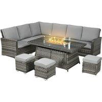 OUTSUNNY 7 Pieces Rattan Garden Furniture Set w/ 50, 000 BTU Fire Pit Table in Mid Grey