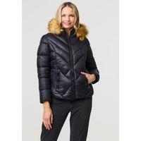 Izabel London Women's Faux Fur Trim Hooded Puffer Jacket in Black | Size: 8
