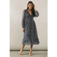 Wallis Women's Printed V Neck Blouson Sleeve Midi Dress in Navy | Size: Small