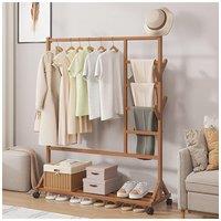 H&O Direct Bamboo Clothes Rack Free Standing with Wheels in Brown