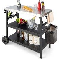 Costway 3-Tier Foldable Outdoor Cart on 2 Wheels Stainless Steel Food Prepare Dining Cart BBQ Table in Black