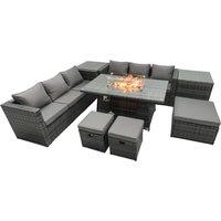 Fimous Rattan Garden Furniture Firepit Dining Set 9 Seater Lounge Sofa Table Set with 2 Side Table 3 Footstool in Dark Grey