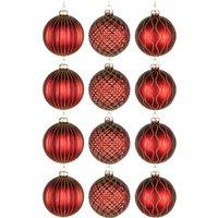 Shatchi Christmas 8cm Red Glass Baubles Set - 12pcs Ornaments with 3 Assorted Designs for Tree Decorations