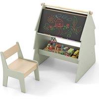Costway Art Easel 2-in-1 Double-sided Chalkboard & Chair Combo-Green in Green