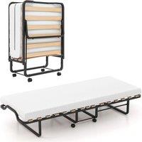 Gymax Folding Bed With Mattress Portable Guest Bed Cot With Wheels Wood Slats in White