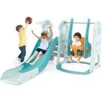 Costway Toddler Slide & Swing Set 4-in-1 Indoor Playground w/Extra-long Slide in Blue