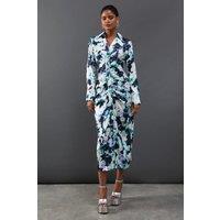 Floral Satin Ruched Front Midi Shirt Dress
