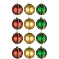 Shatchi Christmas Baubles 12pcs Set - 8cm Red, Gold & Green Glass Ornaments with 3 Assorted Designs