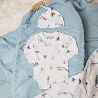 Minky Myles Newborn Baby Sea Life Long Creature Sleeve Bodysuit Vest in White | Size: 0-3 m