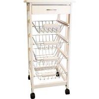 mysmartbuy White Kitchen Storage Trolley Cart with Countertop, Drawer, 4 Pull-Out Storage Baskets & Locking Wheels - H80 x W37 x D37cm