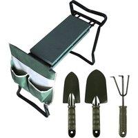 mysmartbuy Garden Kneeler & Hand Tool Set - Foldable Foam Gardening Seat or Kneeling Pad with Handles, Side Pocket, 2 x Trowels & Rake in Green