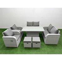 Fimous 8 Seater Outdoor Reclining Chair Love Sofa Set Rattan Garden Furniture Set with Adjustable Lifting Dining or Coffee Table 2 Stools Light Grey