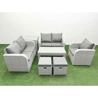 Fimous High Back Poly Rattan Garden Furniture Set w/ Reclining Chair Loveseat Sofa Oblong Coffee Table Indoor Outdoor Patio Set 2 Stool Side Table