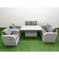 Fimous 6 Seater Outdoor Reclining Chair Love Sofa Set Rattan Garden Furniture Set with Adjustable Lifting Dining or Coffee Table Side Table Light Grey